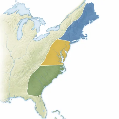 Map-style diagram showing three colonial regions along the eastern coast of North America.