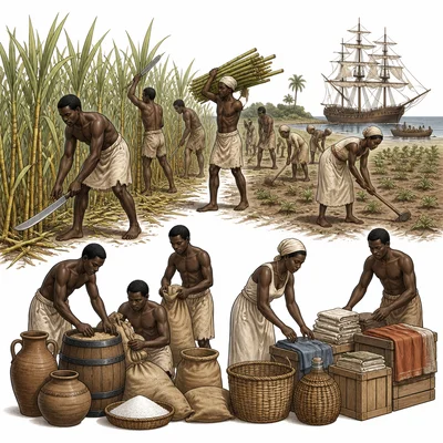 Enslaved Africans working in fields and near trade goods in the colonial economy.