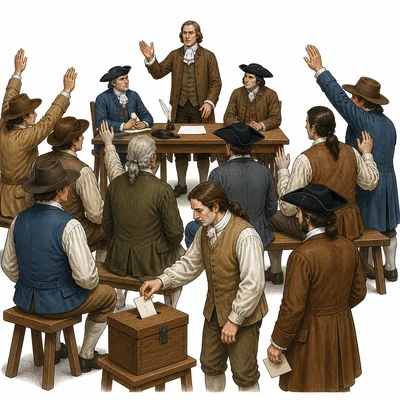 Colonists participating in a town meeting and voting.