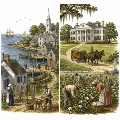 Side-by-side scene comparing a New England coastal village with a Southern plantation landscape.