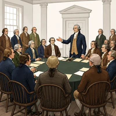 Colonial representatives meeting in an assembly room.