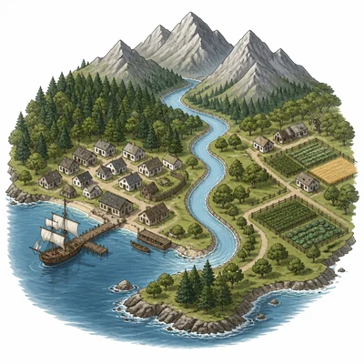 Diagram showing colonial geography with harbor, forests, river, farms, and mountains.