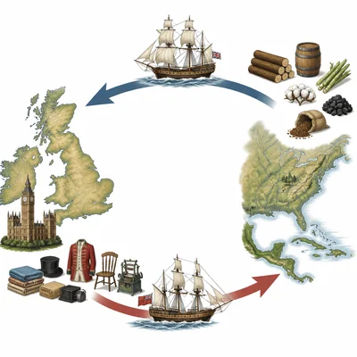 Trade diagram showing ships carrying raw materials and finished goods between Britain and colonies.