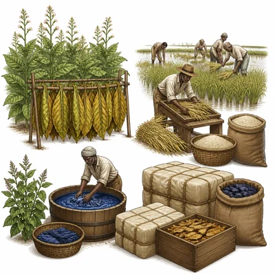 Southern colonial cash crops including tobacco, rice, and indigo prepared for trade.