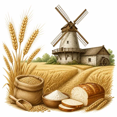 Wheat fields and a gristmill representing the breadbasket colonies.