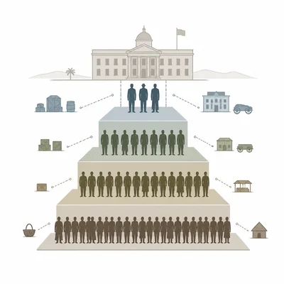 Abstract pyramid diagram showing unequal social hierarchy linked to colonial institutions.