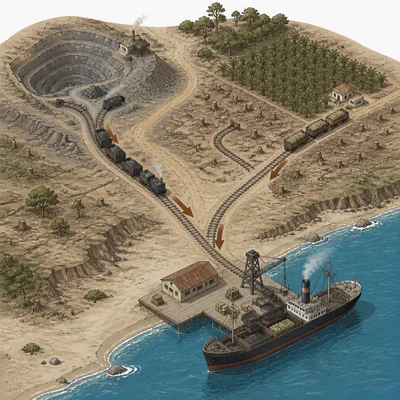 Diagram of resources extracted from inland mines and plantations and transported by rail to a coastal port.