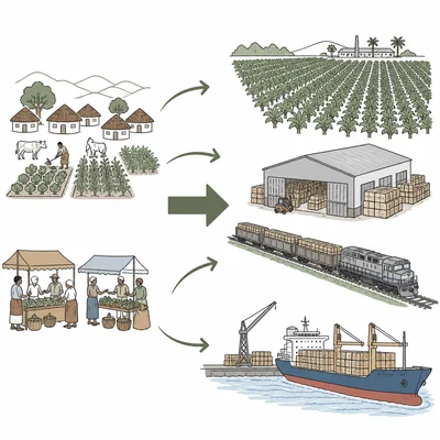 Process diagram showing local farms and markets shifting toward plantation production and export shipping.