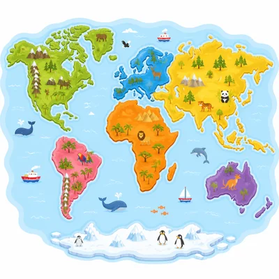 A colorful world map showing the continents.
