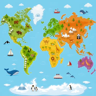 A colorful world map of the continents.