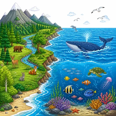 A comparison of land on a continent and water in an ocean.