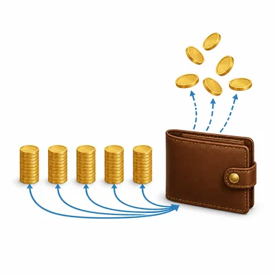 Five equal payment stacks move toward a wallet, with extra coins showing repayment above the loan.