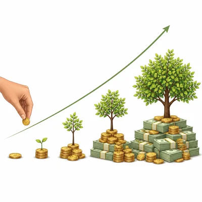 A small payment goes toward a growing pile of money over time, showing interest can add up.