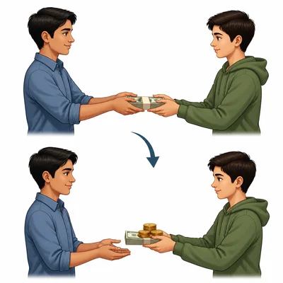 A borrower receives money and later returns it with extra coins to show interest.
