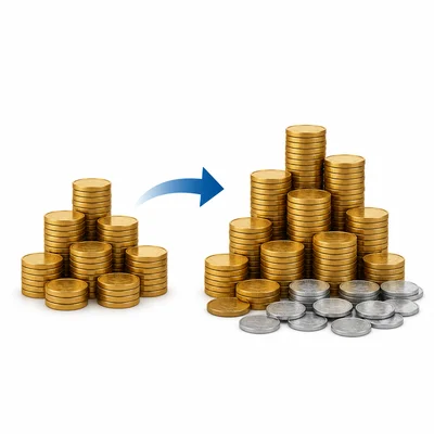 A borrowed money pile becomes a slightly larger repayment pile with extra coins for interest.