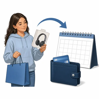 A shopper gets an item now and pays later from a wallet near a blank calendar.