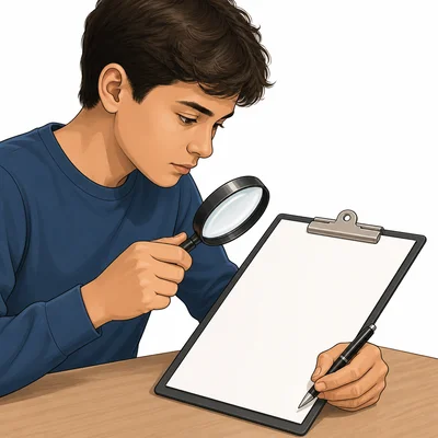 A person uses a magnifying glass to review a blank agreement before signing.