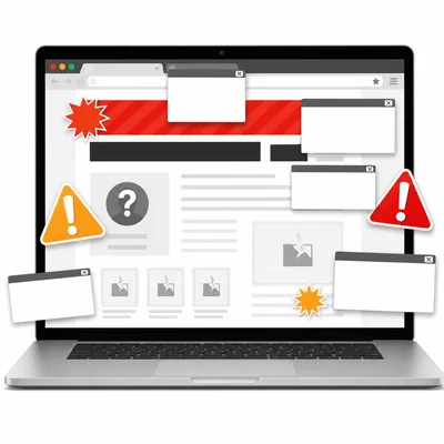 A cluttered website with pop-up ads, no author shown, and warning symbols.