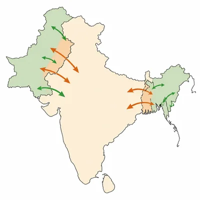 Simplified map of the Indian subcontinent showing partition regions and migration arrows.