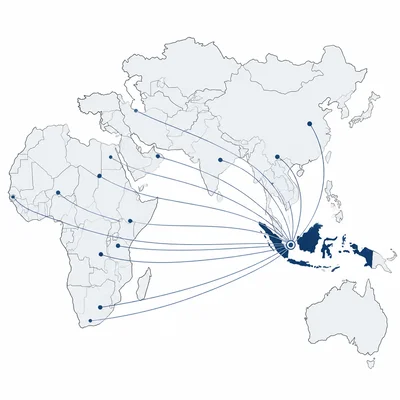 Map highlighting Africa and Asia with connection lines leading to Indonesia.