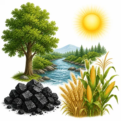 A montage of natural resources including a tree, river, coal, sun, and crops.