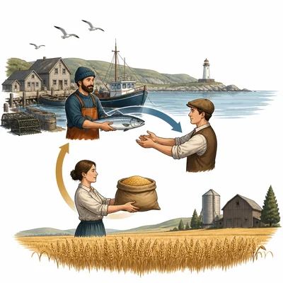 A coastal fishing region trades with an inland wheat-growing region.