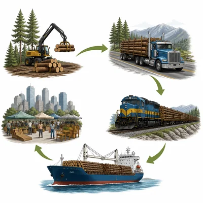 Natural resources move by transportation to markets for trade.
