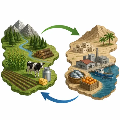 Two regions with different products trade goods using arrows.