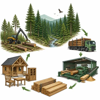 A forest region supports logging and lumber production.