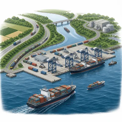 A port connects rivers, roads, and ocean shipping for trade.