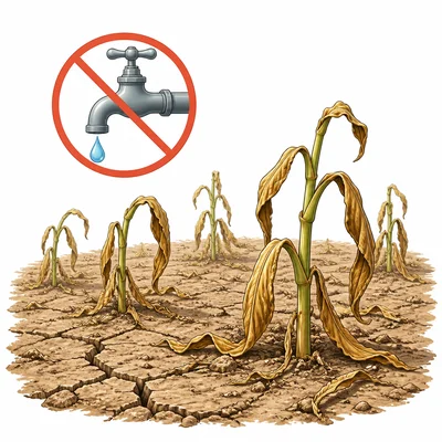 A water shortage causes crops to wilt in a dry farm field.