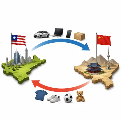 Goods move in opposite directions between two countries to show importing and exporting.