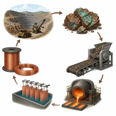 Copper ore is mined and processed into copper wire.