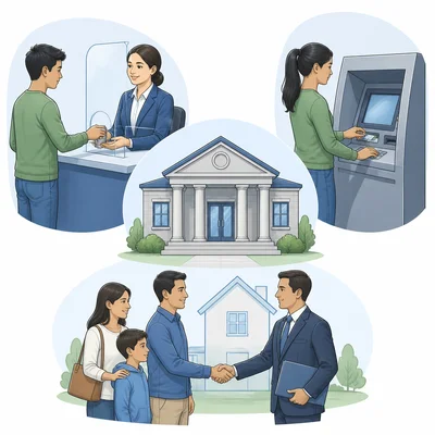 Bank services shown with a teller, an ATM, and a loan meeting.