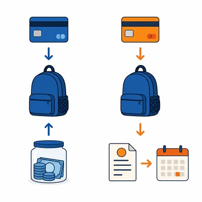Debit card payment comes from a bank account, while credit card payment creates a later bill.