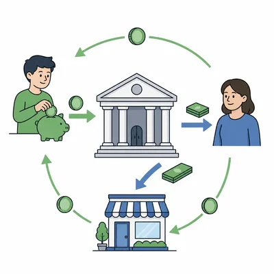 Money flows from a saver to a bank and then to a borrower or business.