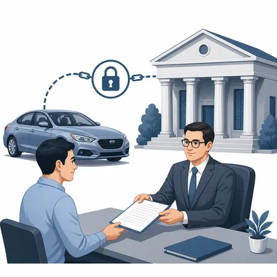 A car is shown as collateral connected to a bank loan.