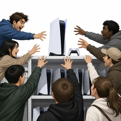 Many shoppers reaching for a game console on a store shelf.