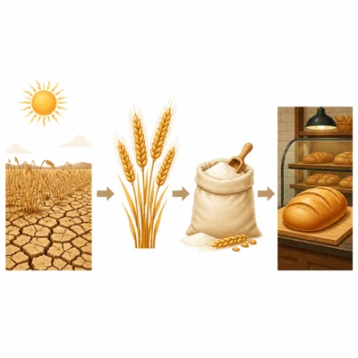 A drought-damaged wheat field connected to flour and bread.