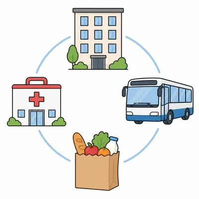Icons for housing, transportation, food, and health care.