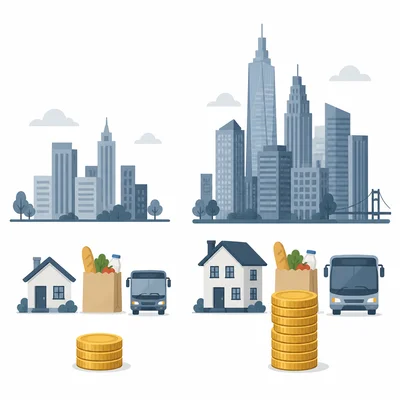 Two cities compared with different stacks of coins for basic needs.