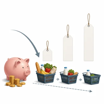 A piggy bank beside a smaller shopping basket showing reduced buying power.