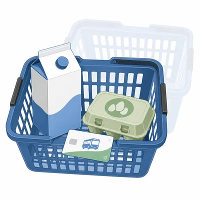 A market basket containing milk, eggs, and a bus pass.
