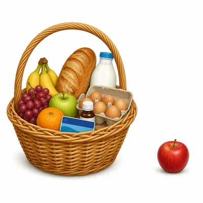 A basket of many common goods compared with a single apple.