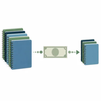 The same money shown with a larger stack of notebooks and then a smaller stack.