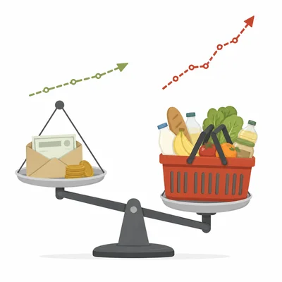 A scale showing a small pay envelope outweighed by a larger grocery basket.