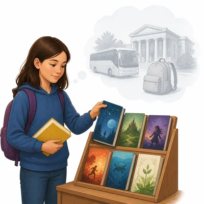 Student choosing a book while a school trip option fades in the background.