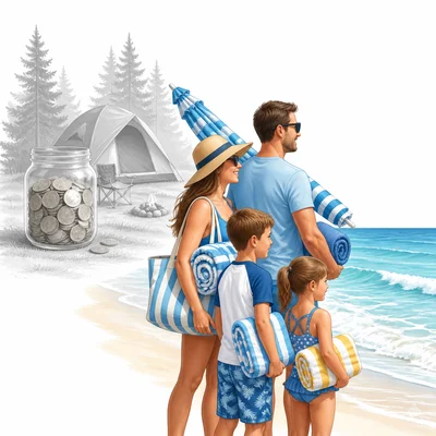 Family beach trip shown as chosen while camping and savings are faded.