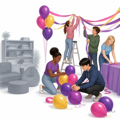 Students decorating for a dance while board games are shown as the alternative.
