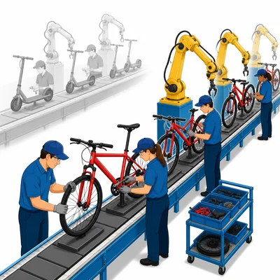 Factory making bicycles while scooters are shown as the forgone product.